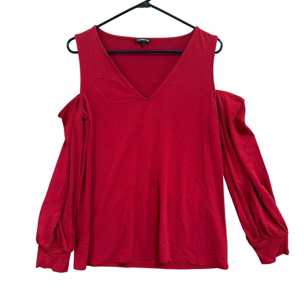 Express Womens Blouse Red V Neck Long Sleeve Cold Shoulder Stretch Medium